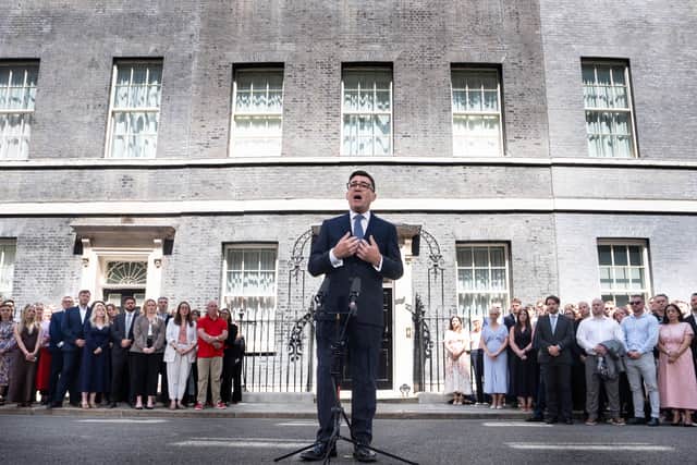New Prime Minister Andy Burnham making a speech outside 10 Downing Street