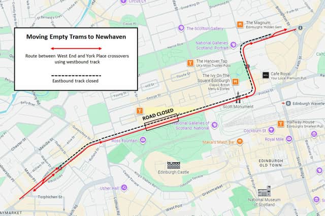 Map showing the closed section of the tram route and the crossovers between tracks in the West End and York Place