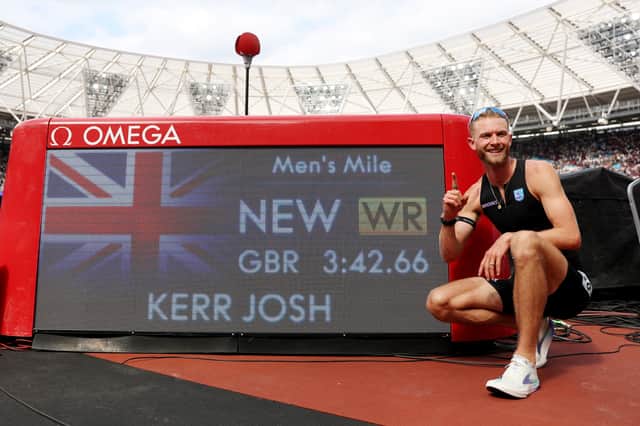 Josh Kerr celebrates after setting a new world record during the Novuna London Athletics Meet, part of the 2026 Wanda Diamond League, at London Stadium on July 18, 2026.