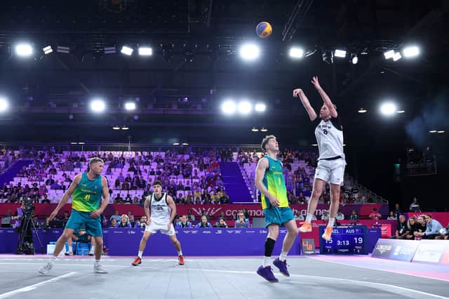 Joshua Book of Team New Zealand shoots during the Men's 3x3 Basketball Pool Round Pool A match against Team Australia