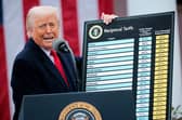Donald Trump promised his tariffs would 'Make America Wealthy Again' when they were announced on his self-declared 'Liberation Day' last year (Picture: Chip Somodevilla)