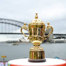The Webb Ellis Cup in Sydney where the 2027 Rugby World Cup final will be staged.
