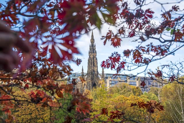 Leaves frame the Scott Monument in Edinburgh’s Princes Street Gardens, as they begin to show their autumn colours 