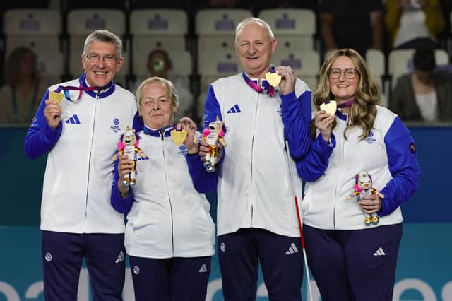 Mary Stevenson, James Aitken, Robert Barr and Sarah-Jane Ewing of Scotland with their gold medals.