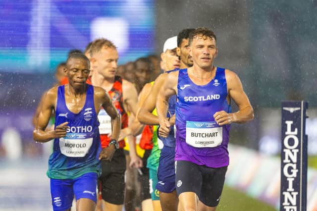 Andrew Butchart of Scotland sets the early pace during the Men's 10,000m Final at Scotstoun Stadium