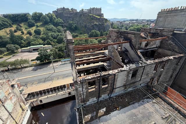 The former Debenhams building from the rear, showing the extent of the fire damage