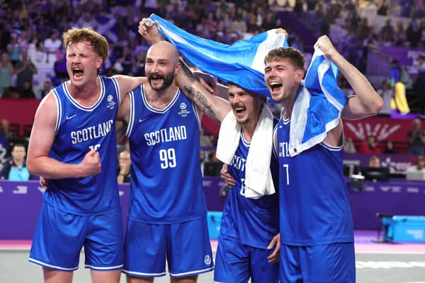 Owen McCormack (left), Skyler White, Kyle Jimenez and Fraser Malcolm of Scotland celebrate winning bronze in the Men's 3x3 Basketball Bronze Medal match.