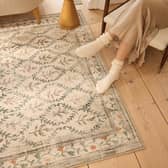 The English Garden rug has a soft recycled-polyester surface and a distressed botanical design. Photo supplied by Hug Rug
