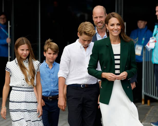 Prince William, Prince of Wales, Duke of Rothsay and Catherine, Princess of Wales, Duchess of Rothsay with Prince George, Princess Charlotte and Prince Louis arrive for the Glasgow 2026 Commonwealth Games at The Hydro on August 1, 2026 in Glasgow, Scotland. (Photo by Jeff J Mitchell/Getty Images)