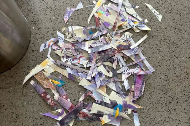 Shreds of bank notes found on Dean Road and near Glassel Park Road