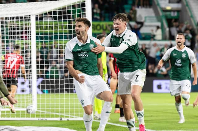 Warren O'Hora, left, and Owen Elding scored for Hibs in their 2-1 win over KF Shkendija.