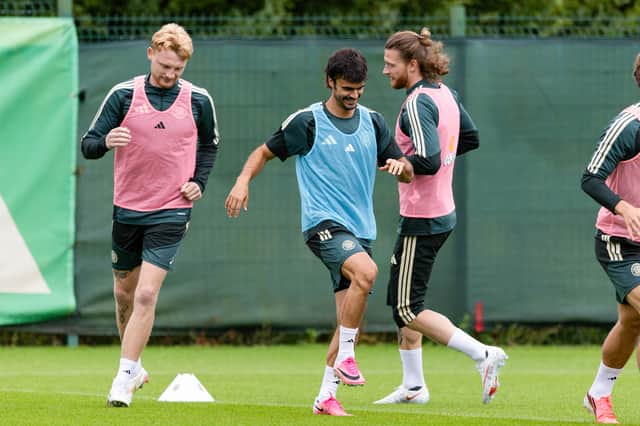 Jota, centre, trains with his Celtic teammates at Lennoxtown.