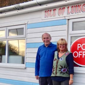 Norman Bissell and his wife-to-be Birgit Whitmore outside Isle of Luing Stores 