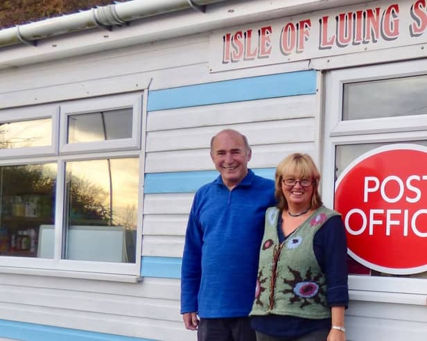 Norman Bissell and his wife-to-be Birgit Whitmore outside Isle of Luing Stores 