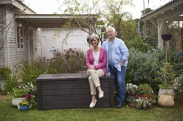 The 570-litre Keter Westwood combines outdoor storage with occasional seating for two adults