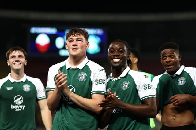 Hibs players celebrate reaching the Conference League play-off after a goalless draw with Shkendija at the Todor Proeski National Arena, Skopje.