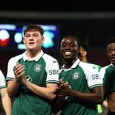 Hibs players celebrate reaching the Conference League play-off after a goalless draw with Shkendija at the Todor Proeski National Arena, Skopje.