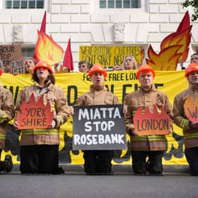 Campaigners from Fossil Free London, Christian Climate Action and the Climate Choir take part in a protest against plans for drilling in the Rosebank oil field, outside the Department For Energy Security And Net Zero (DESNZ) in Westminster, central London