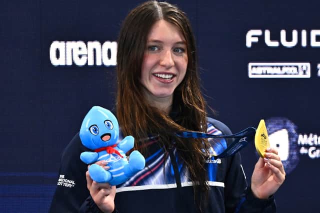 Britain's Keanna Macinnes celebrates winning the gold medal in the women's 200m butterfly swimming event during the LEN European Aquatics Championships at the Olympic Aquatic Centre in Saint-Denis, northern suburbs of Paris, on August 16, 2026.
