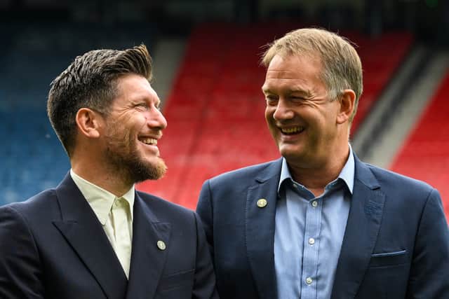 New Scotland head coach Sebastien Pocognoli (L) is unveiled to the press alongside Scottish FA chief executive Ian Maxwell (R) at Hampden.  (Photo by Rob Casey / SNS Group)