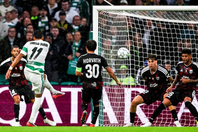 Camilo Duran scores to make it 2-0 for Celtic against LASK in the Champions League play-off first leg.  (Photo by Craig Williamson / SNS Group)