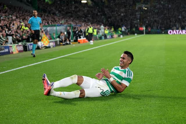 The Colombian attacker celebrates his second goal for Celtic against LASK in their Champions League play-off first leg