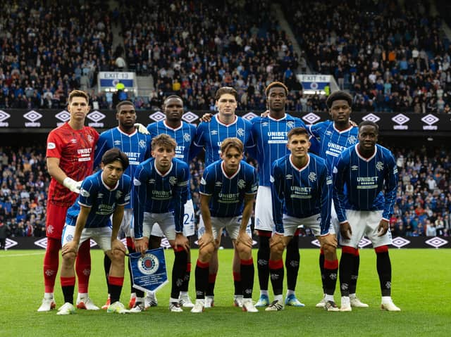 Rangers players line-up ahead of the Conference League play-off first leg against Jablonec at Ibrox. (Photo by Craig Williamson / SNS Group)