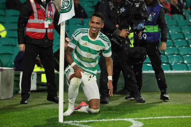 Camilo Duran celebrates his second goal for Celtic in the 3-0 Champions League qualifying win over LASK on Wednesday night.
