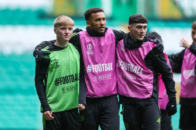 Sean McArdle, Auston Trusty and Colby Donovan (L-R) during a Celtic MD-1 training session