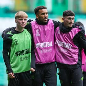 Sean McArdle, Auston Trusty and Colby Donovan (L-R) during a Celtic MD-1 training session