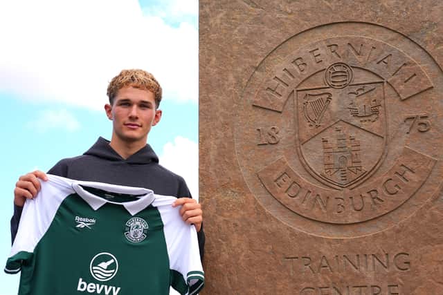 Jacob Devaney is paraded at the Hibs training centre after joining on a season-long loan from Manchester United.