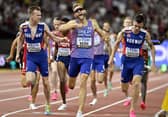 Josh Kerr, centre, enjoys a victory over Norwegian Jakob Ingebrigtsen, right, at the World Athletics Championships in Budapest in 2023. The pair will return to Hungary next month. 