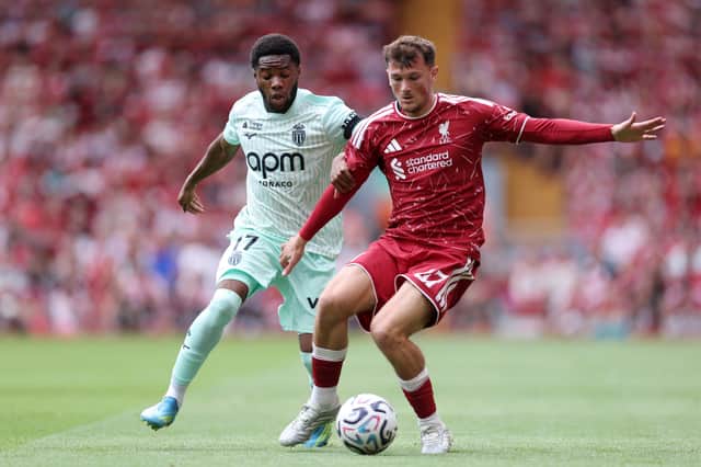 Calvin Ramsay playing for Liverpool during the pre-season friendly match with AS Monaco at Anfield on August 9, 2026.