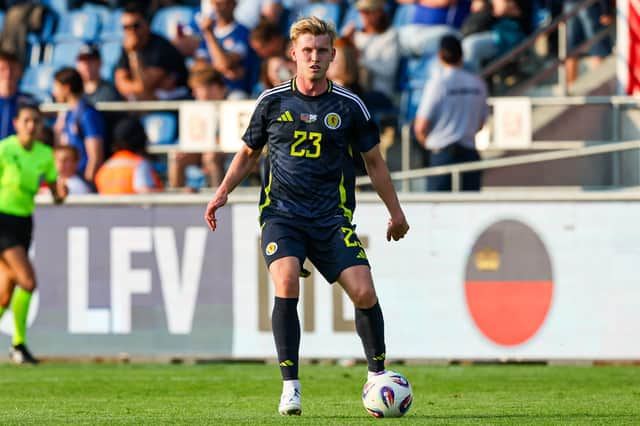 Scotland's Josh Doig in action during an international friendly match against Liechtenstein at Rheinpark Stadion, on June 8, 2025, in Vaduz.