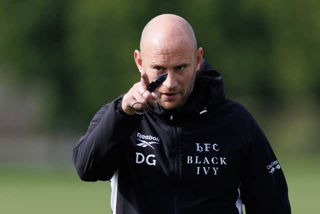 Hibs head coach David Gray during a MD-1 training session ahead of the Conference League play-off second leg against Gent.  (Photo by Ross Parker / SNS Group)