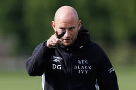 Hibs head coach David Gray during a MD-1 training session ahead of the Conference League play-off second leg against Gent.  (Photo by Ross Parker / SNS Group)