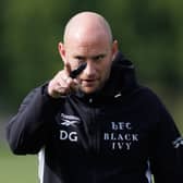 Hibs head coach David Gray during a MD-1 training session ahead of the Conference League play-off second leg against Gent.  (Photo by Ross Parker / SNS Group)