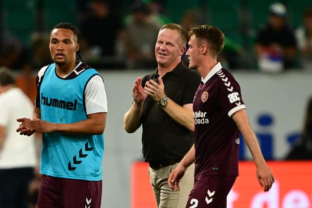 Wouter Vrancken, head coach of Heart of Midlothian, celebrates after the UEFA Conference League 2026/27 Play Off Round Second Leg match with SK Rapid at Weststadion on August 26, 2026 in Vienna, Austria.