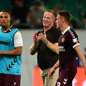 Wouter Vrancken, head coach of Heart of Midlothian, celebrates after the UEFA Conference League 2026/27 Play Off Round Second Leg match with SK Rapid at Weststadion on August 26, 2026 in Vienna, Austria.  