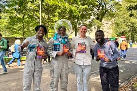 Afronauts cast John Mputu and Hassan Gwai 
with David Byrne, creative director of the Royal Court and Gift Chansa, artistic director of Circus Zambia.