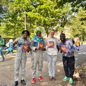 Afronauts cast John Mputu and Hassan Gwai 
with David Byrne, creative director of the Royal Court and Gift Chansa, artistic director of Circus Zambia.