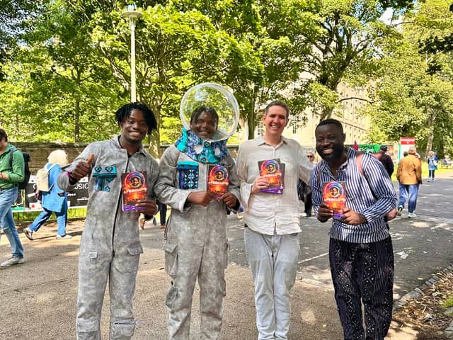 Afronauts cast John Mputu and Hassan Gwai 
with David Byrne, creative director of the Royal Court and Gift Chansa, artistic director of Circus Zambia.