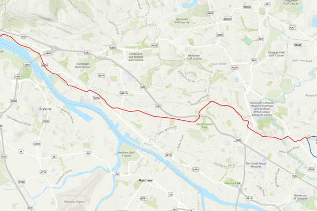 The ten-mile closed section of the Forth & Clyde Canal is shown in red