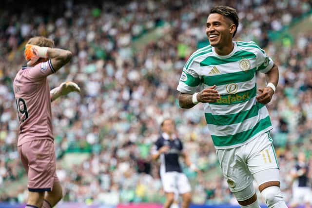 Celtic's Camilo Duran celebrates scoring to make it 1-0 over Falkirk at Celtic Park. (Photo by Craig Williamson / SNS Group)