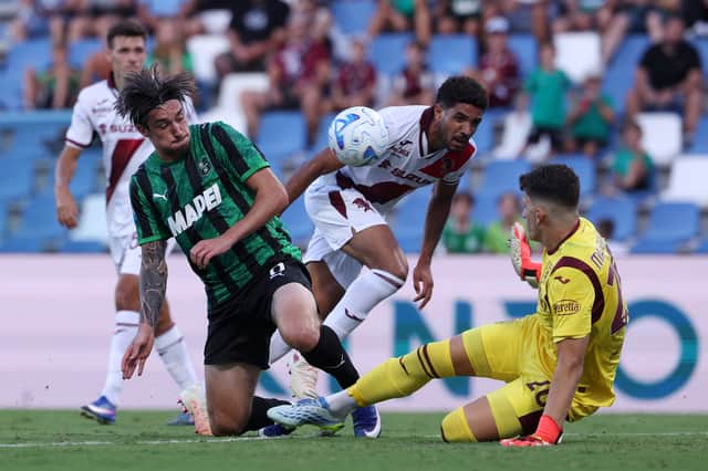 Kieron Bowie of Sassuolo has a shot saved by Diego Mascardi of Torino.