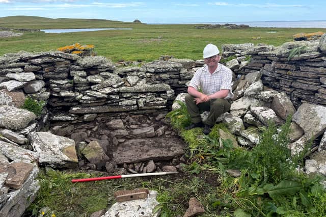 Gordonstoun teacher Dan McLean at an excavation site where the remains of what is thought to be a medieval Viking church about 1,000 years old was discovered