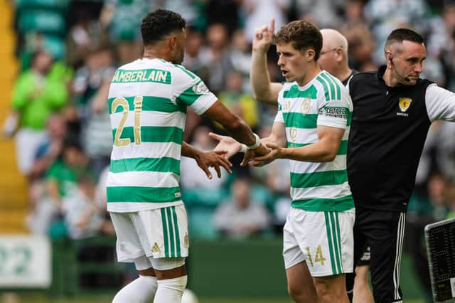 Luke McCowan comes on for Alex Oxlade-Chamberlain during Celtic's win over Falkirk.