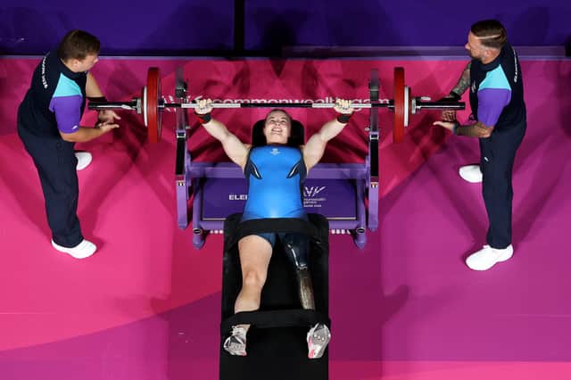 Hope Gordon of Team Scotland competes during Women's Para Powerlifting Heavyweight Group B on day one of the Glasgow 2026 Commonwealth Games at SEC Armadillo on July 24, 2026.
