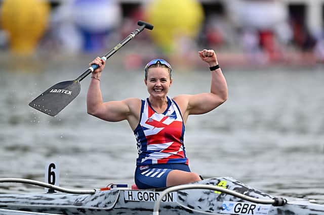 Hope Gordon celebrates victory at the Paracanoe World Championships in Poznan, Poland.