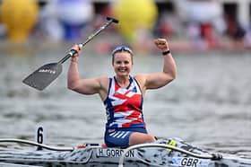 Hope Gordon celebrates victory at the Paracanoe World Championships in Poznan, Poland.